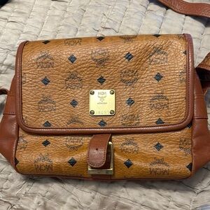 MCM Cognac and Brown Logo Crossbody Bag